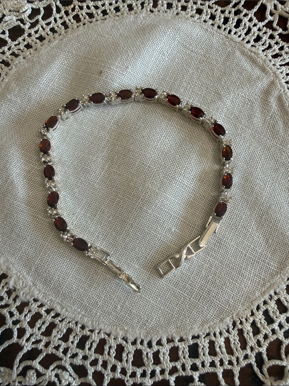 Vintage Avon Silver tone Garnet-Style Tennis Bracelet in Deep Red
